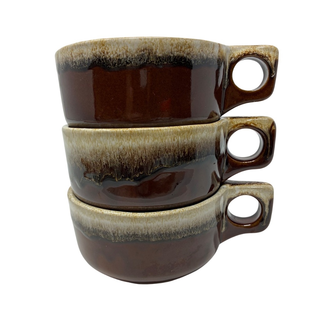 Vintage Western Stoneware WS Brown Drip Glaze Pottery 3 Soup Mugs Bowls #MCM USA